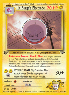 Lt. Surge's Electrode #52 Lt. Surge's Electrode - Gym Challenge - #52 - Pokemon TCG card