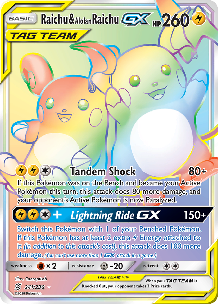 Raichu & Alolan Raichu-GX - Unified Minds - #241 - Pokemon TCG card